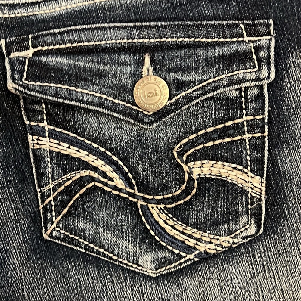 Y2K LEI Sophia Hipster Flare Jean Blue Embroidery Whispered Flap Pockets 13S/29L - Picture 2 of 13